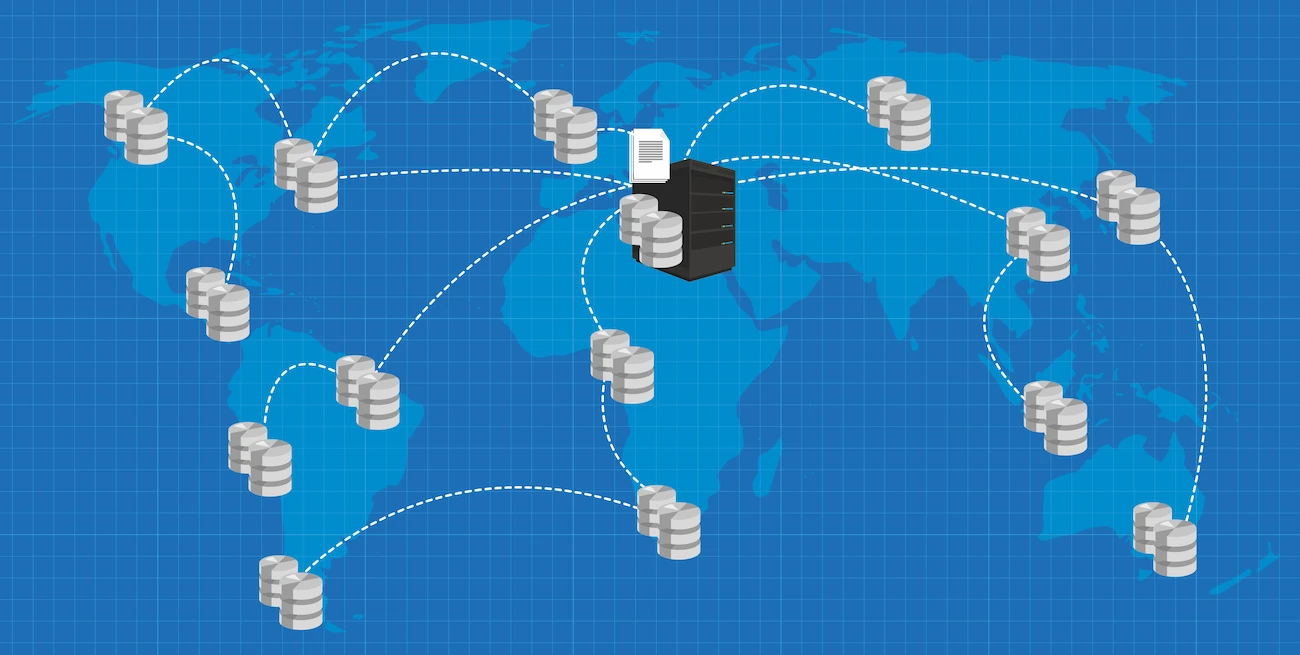 Illustration of databases distributed across the globe