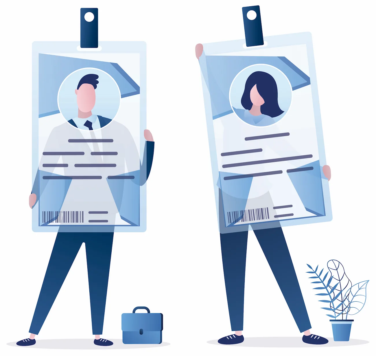 Illustration of two people holding a profile in front of their bodies