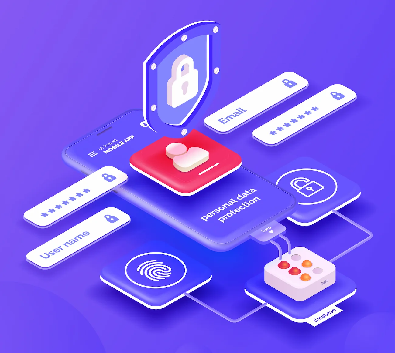 Illustration of personal data that are protected by a shield with a closed padlock