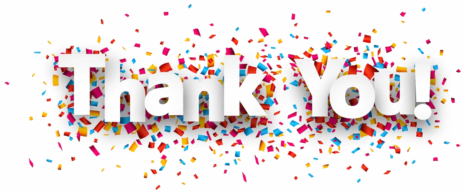 The words 'Thank you' with confetti around them